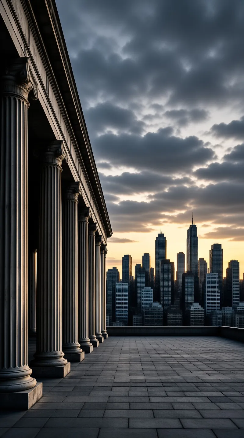 Tall fluted columns line a paved terrace overlooking a dense city skyline silhouetted against a cloudy sunset sky.