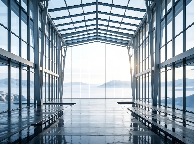 A spacious glass pavilion with reflective floors overlooks a sunlit snowy mountain landscape under a clear sky