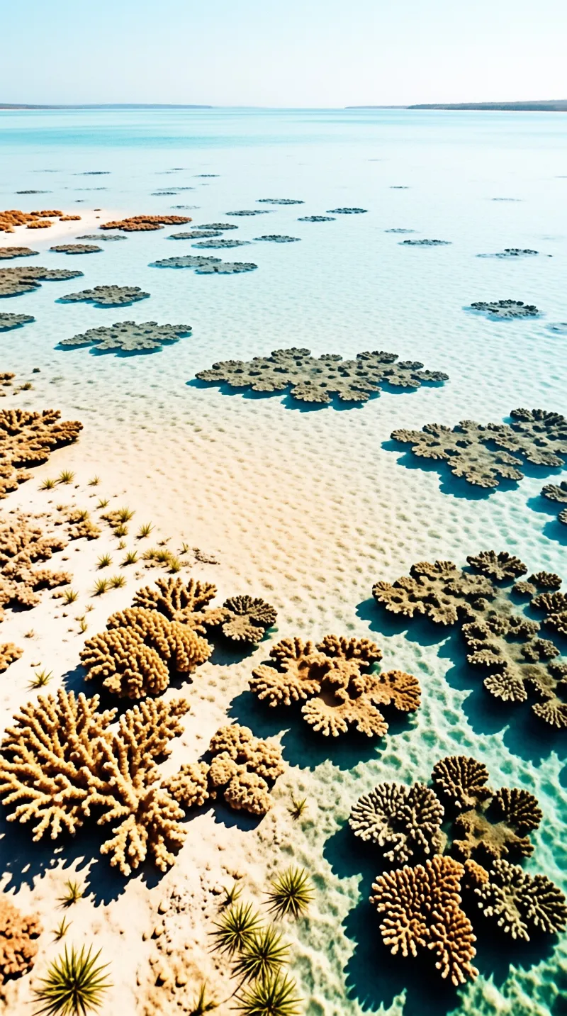Surreal aerial view of brown coral structures standing on white sand and floating in bright cyan water under clear daylight.
