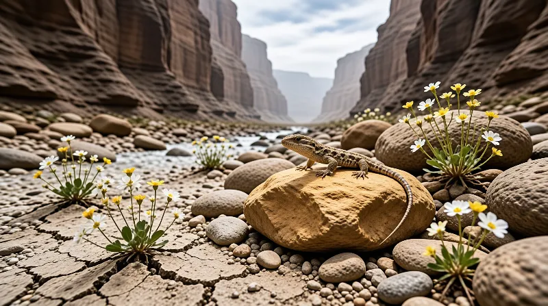 A small lizard rests on a tan boulder amidst cracked earth, pebbles, and wildflowers within a rocky canyon landscape.