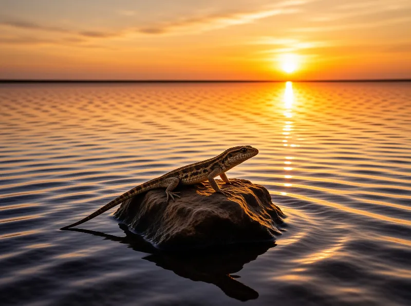 A small reptile rests on a dark stone in calm water while the setting sun casts a bright golden reflection on the ripples.