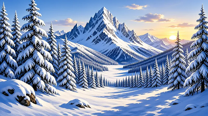 Frost-laden evergreen trees frame a jagged snow-covered mountain peak lit by a warm low sun against a clear blue sky