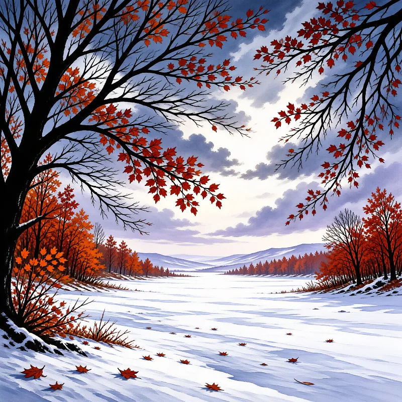 Snow covered ground surrounds a frozen waterway lined with vibrant orange foliage against a dramatic sky.