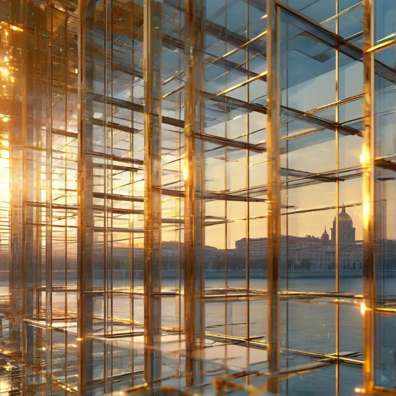 Gold framed glass panels form a geometric pattern reflecting a river and a distant city skyline at sunset.