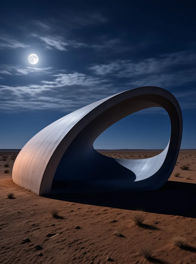 A large white concrete structure curves over a sandy desert landscape under a dark blue sky with a full moon.