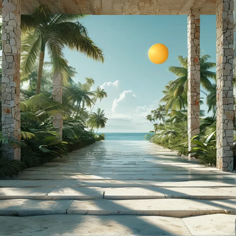 Stone pillars frame a walkway leading to the ocean shaded by palm trees under a bright yellow sun