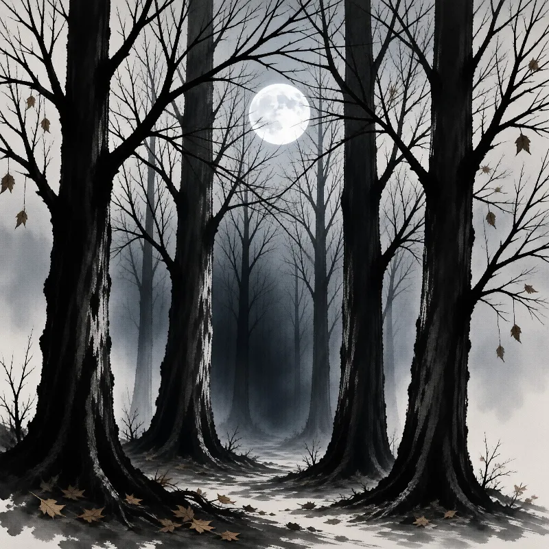 Lunar glow illuminates tall vertical trunks within a foggy woodland scattered with dry foliage.