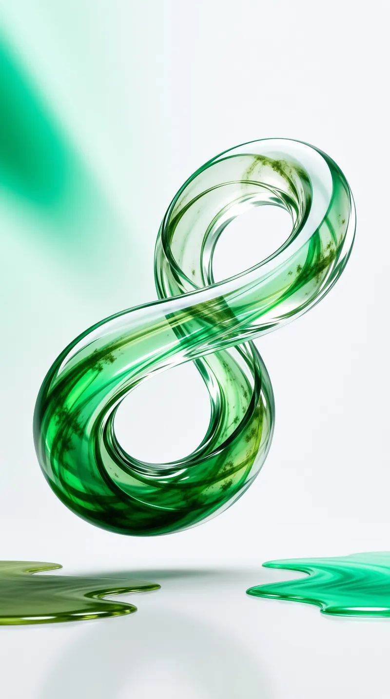 A glowing green glass eight hovers above small puddles of emerald liquid on a bright white surface.