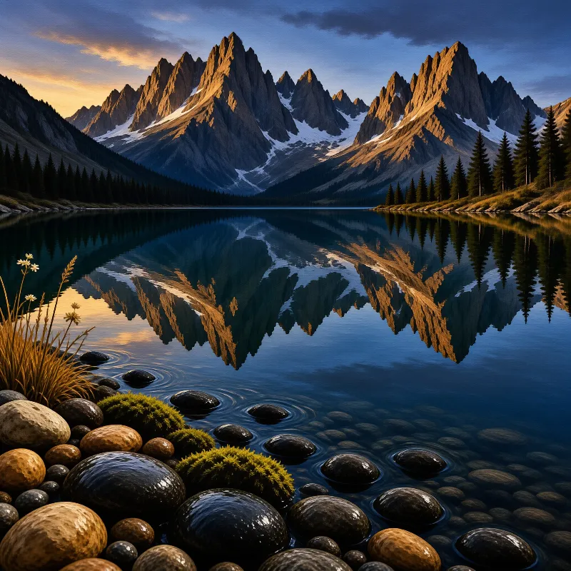 Jagged snow capped mountains reflected in a dark blue lake during golden hour with wet stones in the foreground