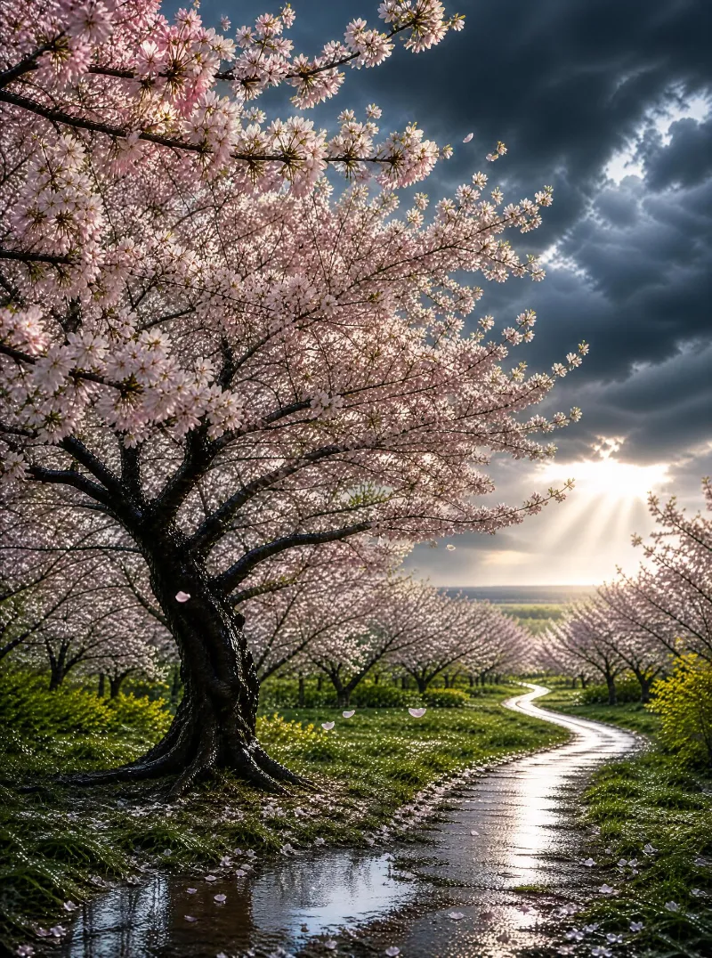 Cherry Blossom Path Under Stormy Sky