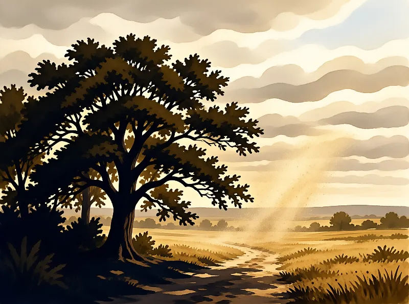 A silhouetted oak tree stands at the edge of a sunlit dirt path leading across golden grassland under a soft layered cloudy sky