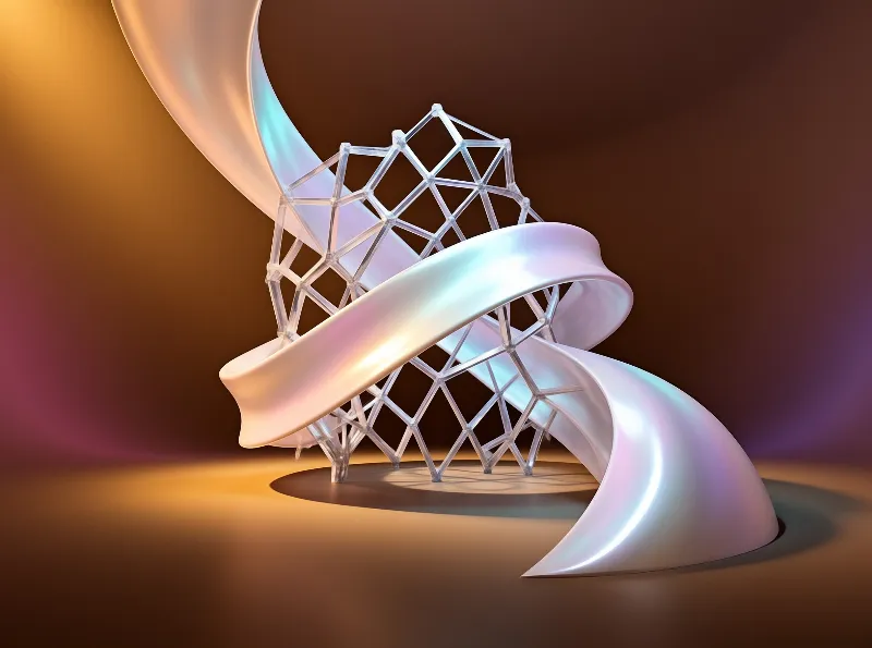 A geometric crystal lattice rests on a platform while a smooth iridescent ribbon spirals around it against a warm blurred background.