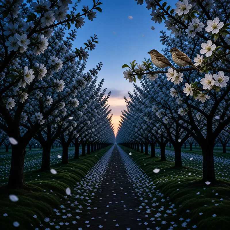 Two small birds sit on a flowering branch overlooking a long path through an orchard at dusk with cool blue light.