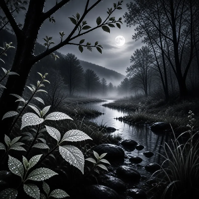 A silver full moon hangs above a calm forest stream, its light tracing wet leaves, stones and mist in dark monochrome.
