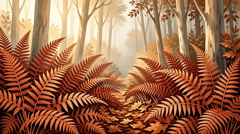 Illustrated view of tall trees and orange ferns in a sunlit forest with fog