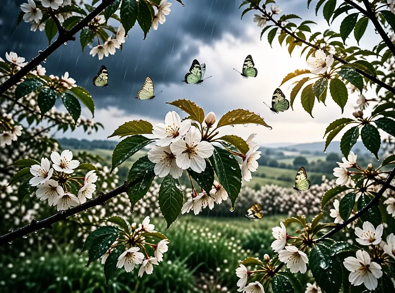 Clusters of white blossoms with rain droplets frame a green valley while pale butterflies dance through the overcast sky.