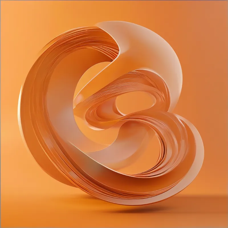 A twisting abstract form made of stacked orange ribbons floats against a matching monochromatic background.
