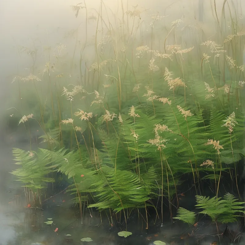 Green fern fronds and brown grass seed heads rise above dark water in a foggy atmosphere.
