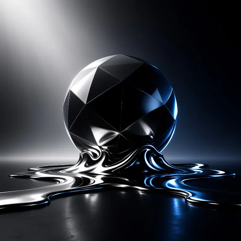 A geometric faceted ball dissolves at the bottom into a shiny liquid puddle with blue highlights.
