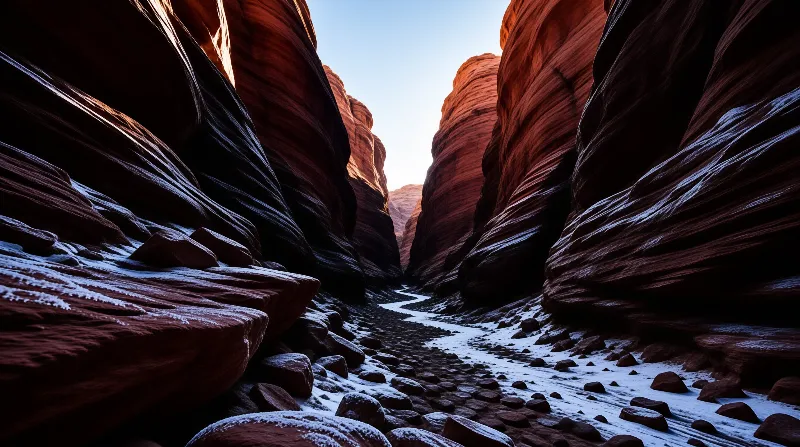 A snowy path winds through towering red sandstone canyon walls under a pale sky.