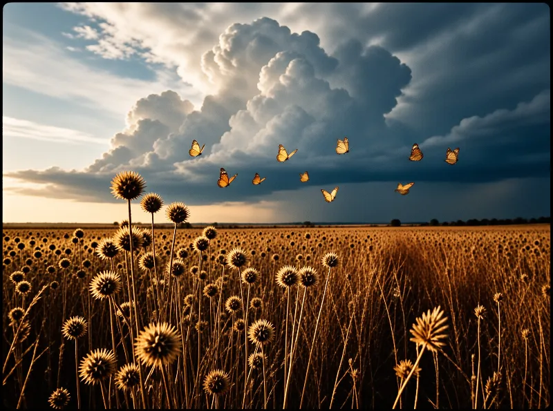 Monarch butterflies float above spiky seed heads in a sunlit field beneath a towering storm cloud.