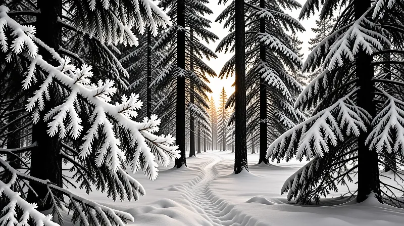 Heavy snow covers tall evergreen trees lining a winding forest path, with warm golden light shining between trunks in the distance.