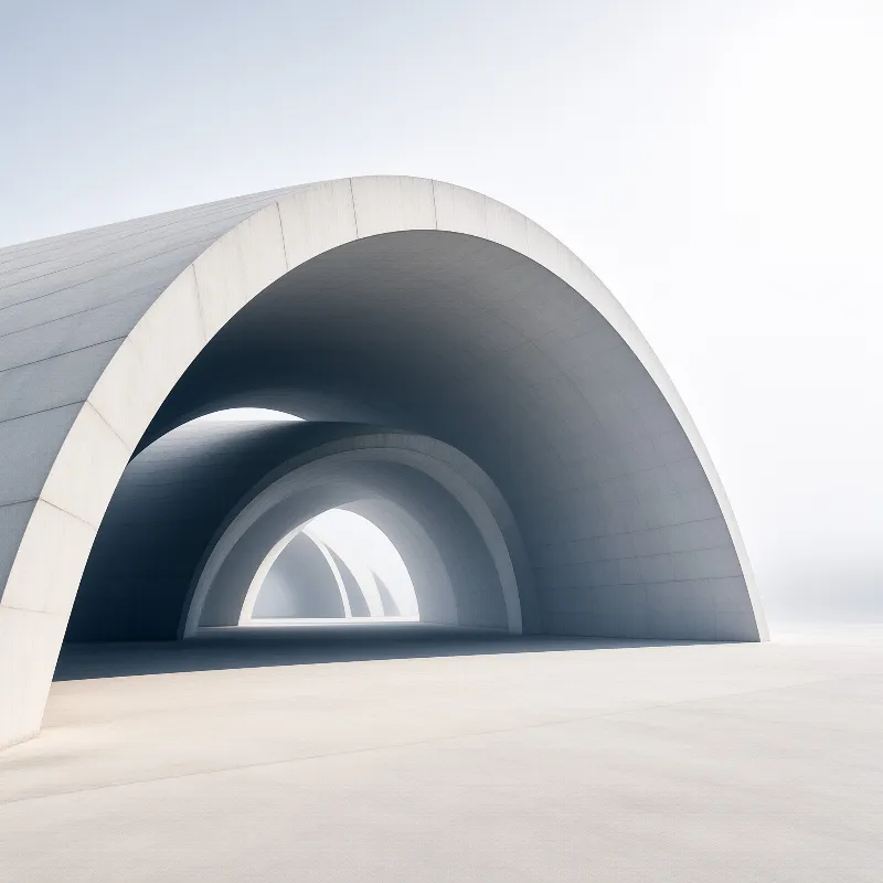 A sequence of smooth white concrete arches forms a tunnel leading toward a bright opening.