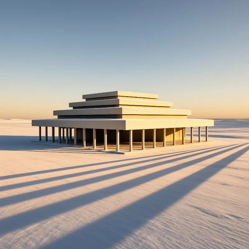 A pale modernist structure of receding slabs on thin columns casts long shadows across a blank white plain at sunrise.