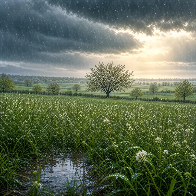 Rainy Meadow with Blossoming Tree