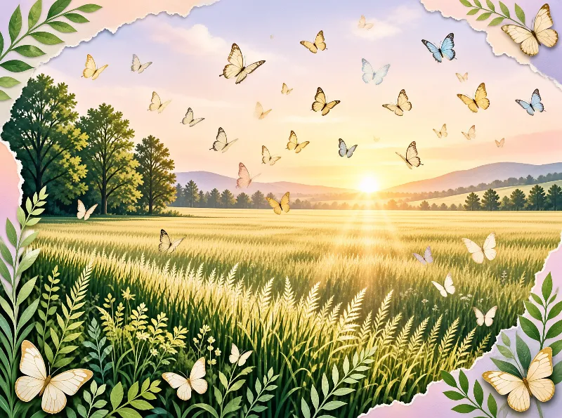Colorful butterflies swarm above a sunlit field of golden wheat and green grass near distant trees and hills.