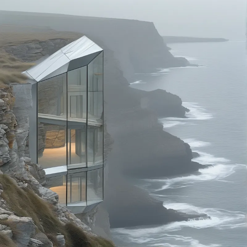A modern transparent building stands on a rocky ledge overlooking grey waves and distant headlands in the haze.