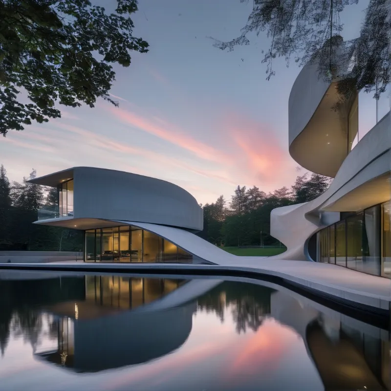 A sculptural white concrete residence with sweeping curves mirrors in a calm pool under a pink dusk sky.
