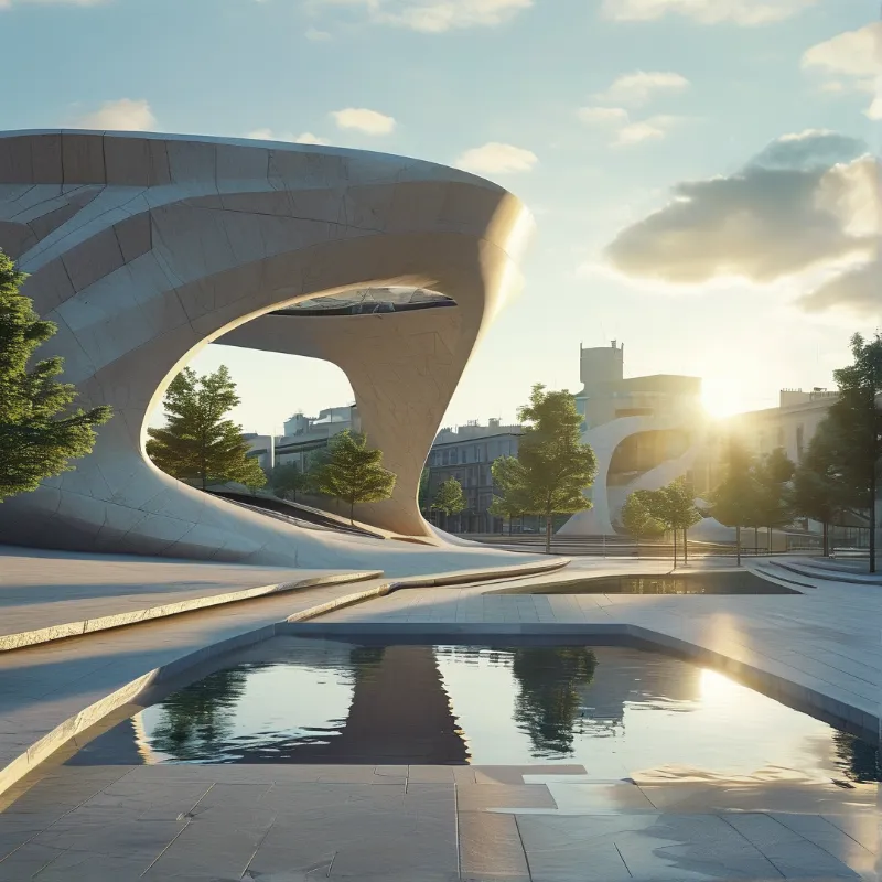 A flowing white curvilinear concrete building overlooks a stone paved plaza with reflecting water pools under warm golden sunset light, with matching structures in the distance.