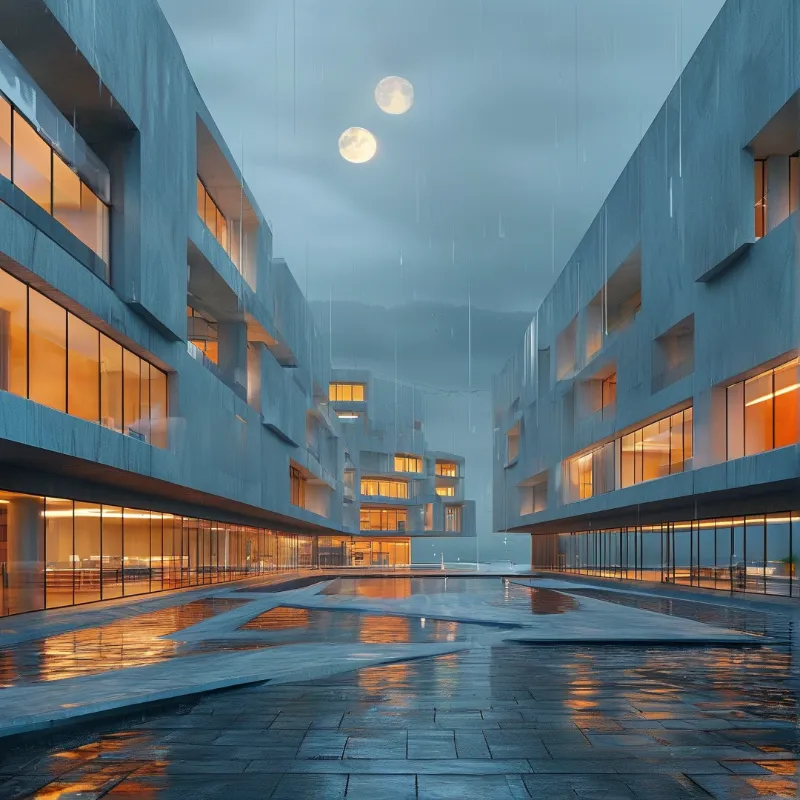 Rain falls on wet pavement as warm lights shine through windows of a complex under a sky with two moons.