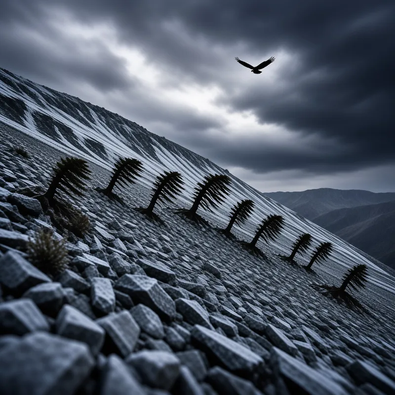 A raptor soars through dark storm clouds above a windswept snowy slope dotted with small pine trees.