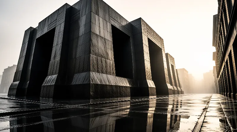 A dark monolithic building with large arches stands on a rain-slicked street illuminated by bright haze.