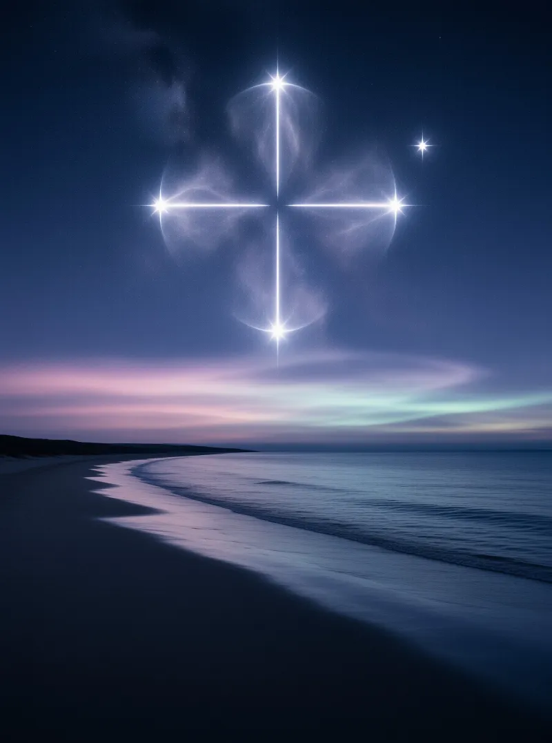 A brilliant star cross floats above a sandy beach under a sky painted with purple and blue twilight hues.