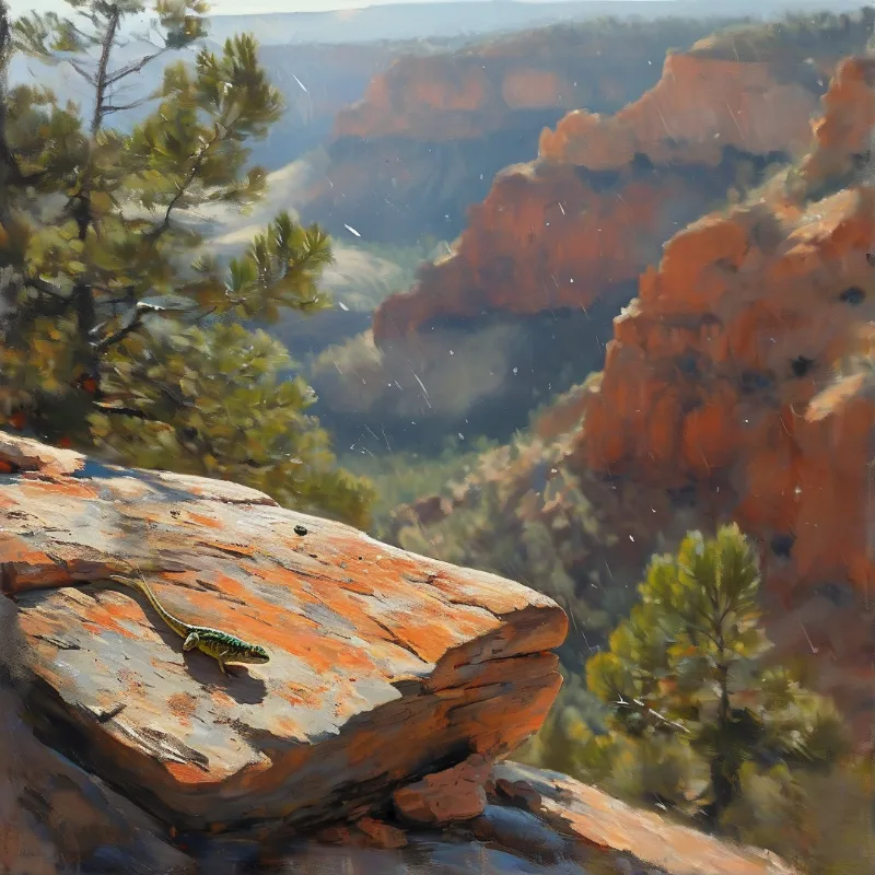 A small green lizard rests on a textured red rock ledge overlooking a vast canyon landscape with pine trees in the distance.