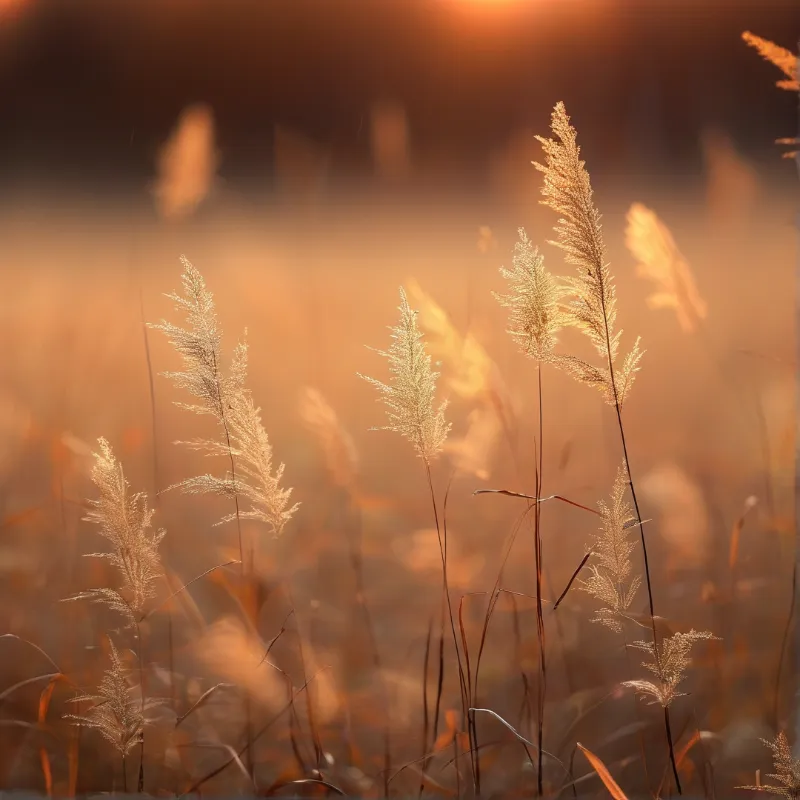 Slender blades of grass catch the warm light of a setting sun in a field.