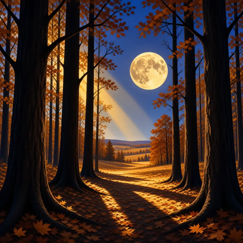 Tall dark tree trunks frame an autumn meadow glowing under a full moon and slanted beams of golden light