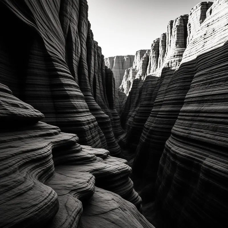 Monochrome landscape captures vertical stone surfaces featuring deep grooves leading to a sunlit horizon.