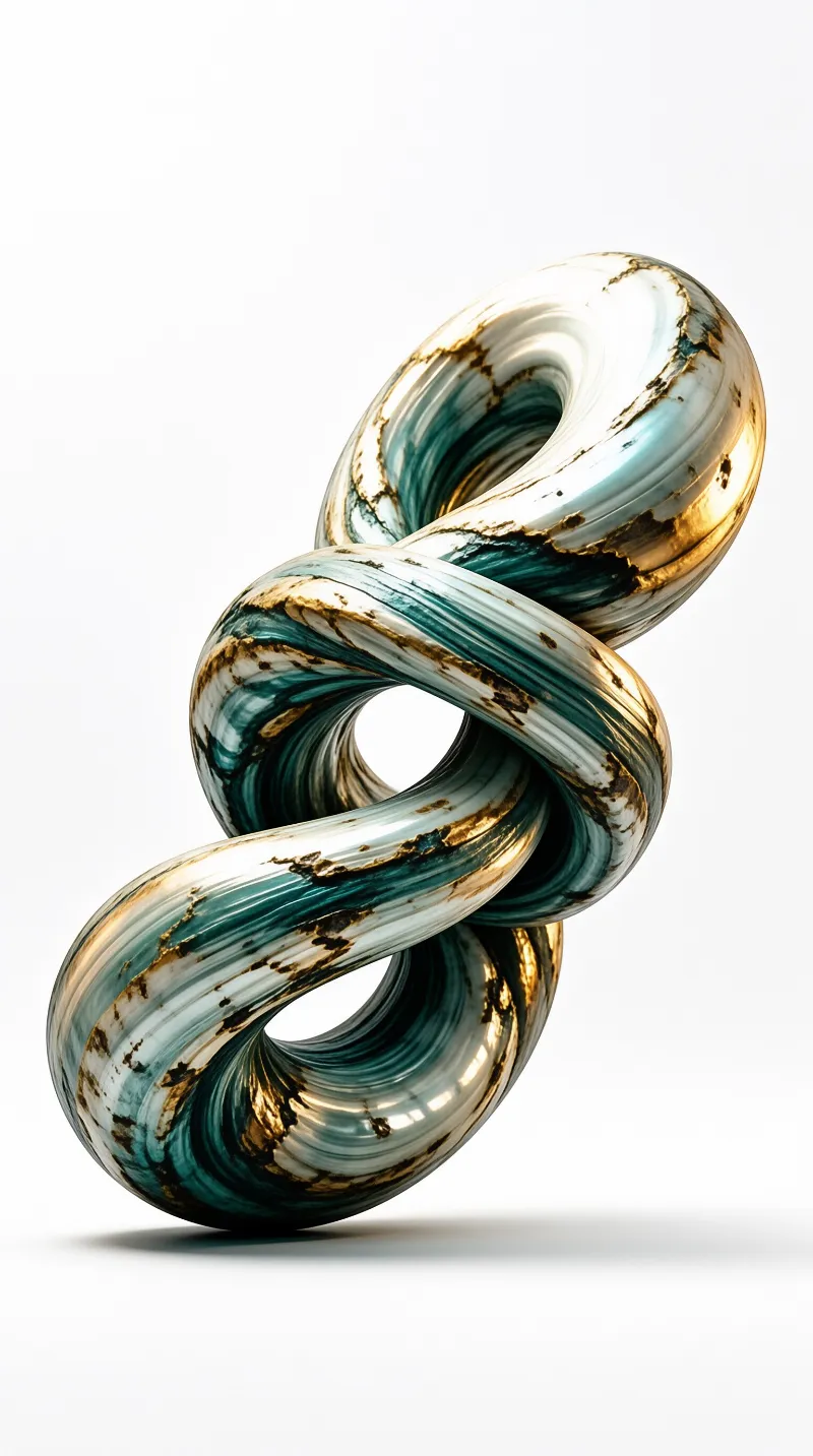 A glossy tubular sculpture loops into a knot marbled with teal cream and metallic gold