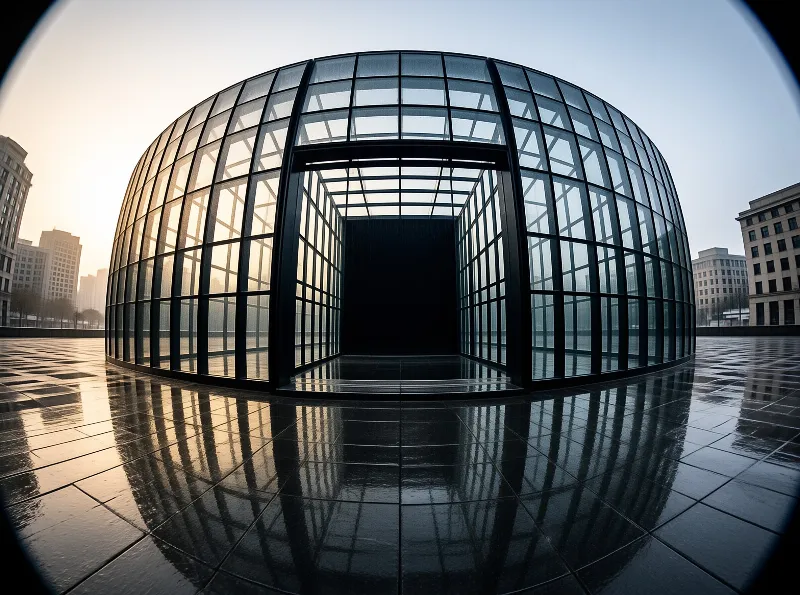 Curved glass architecture sits on wet pavement reflecting warm sunlight and casting long shadows across the open plaza.
