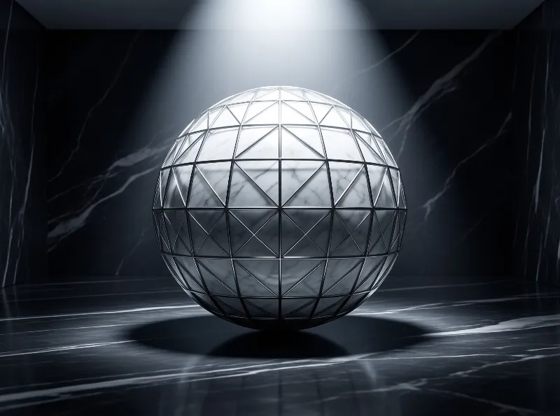 A large faceted sphere rests on a polished black marble floor, centered beneath a focused beam of white light that highlights its geometric structure against dark veined walls.