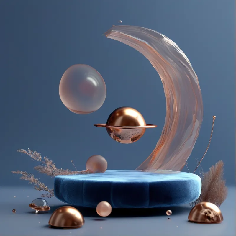 Pearl and copper spheres hover above a blue pedestal with a translucent ribbon and dried botanicals in soft light.
