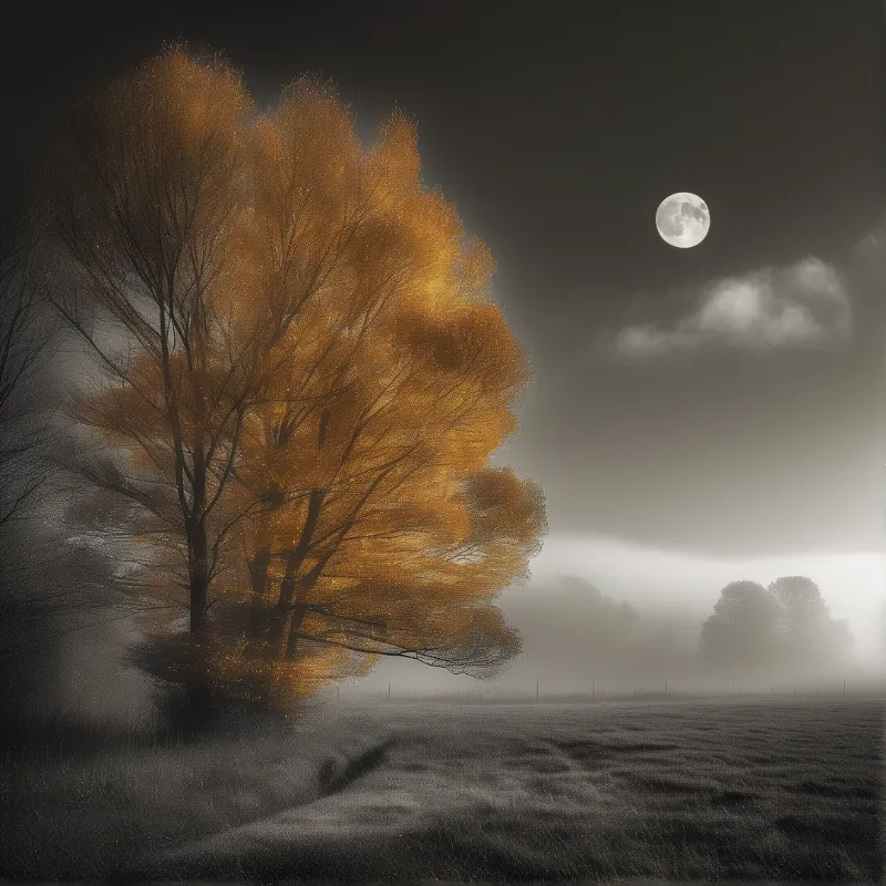 A tall tree with glowing orange foliage stands in a misty field beneath a bright full moon.