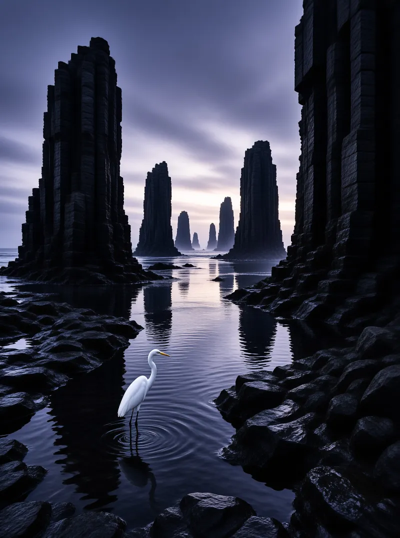 A white wading bird stands in reflective water between towering dark rock columns at dusk.