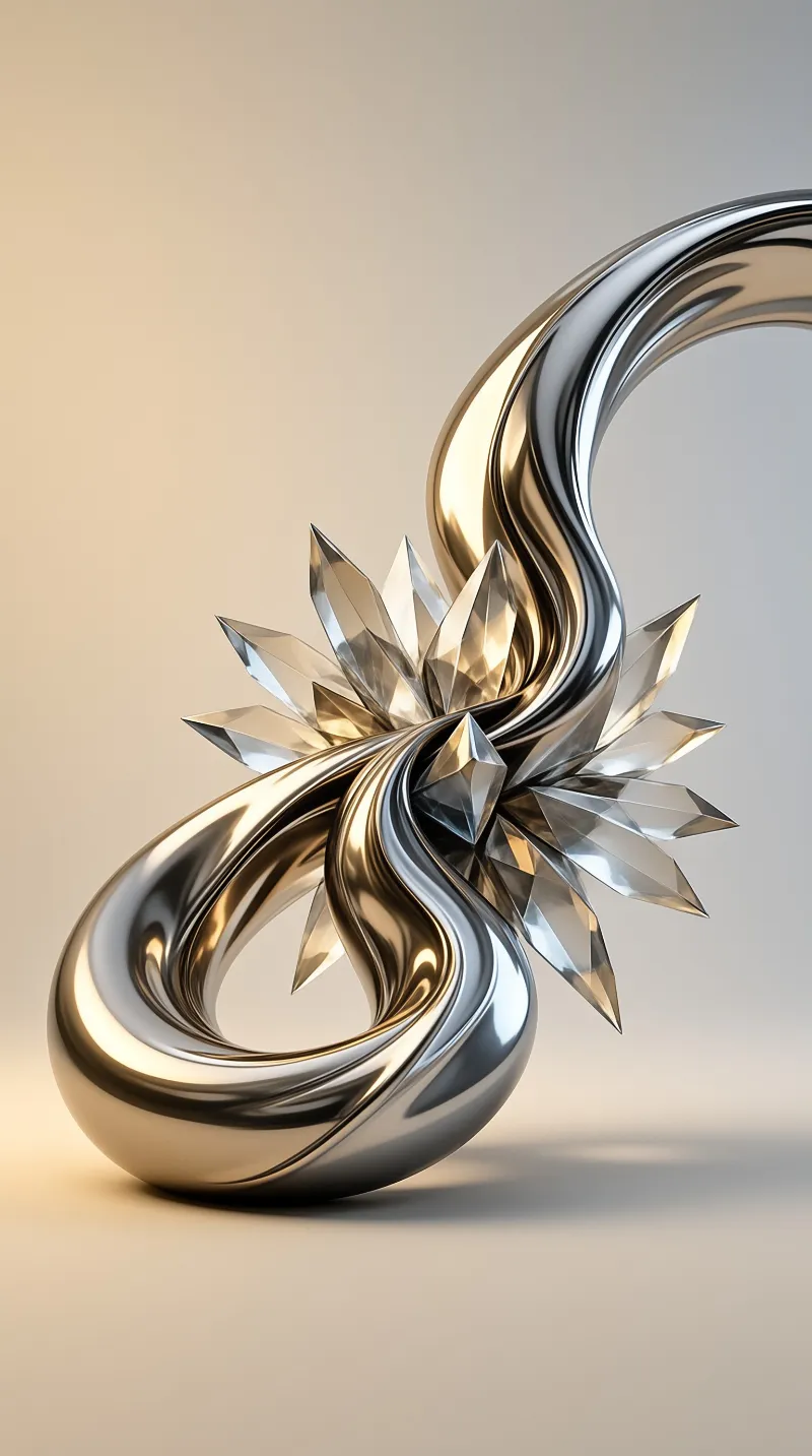 Flowing metallic curves intertwine with faceted gem-like structures in a studio setting with soft warm lighting