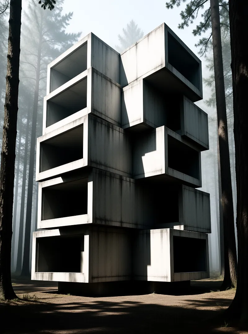 A multi-level concrete building with deep shadowed openings stands amidst tall trees and fog