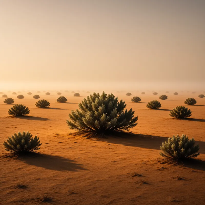 Prominent sagebrush shrubs dot a vast orange desert landscape fading into a distant warm haze under soft golden illumination.
